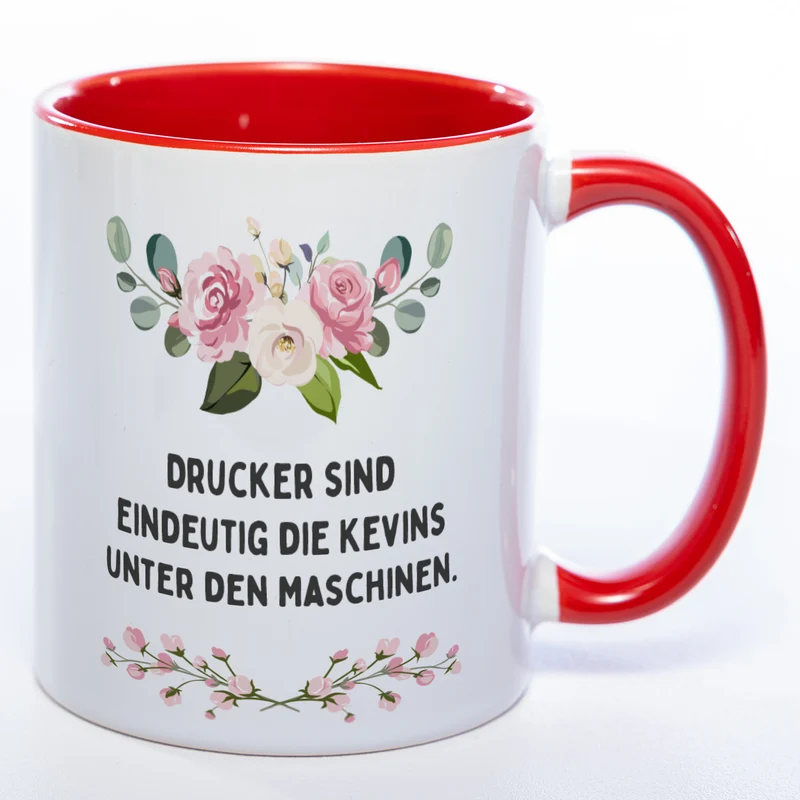 Blümchen-Tasse mit Spruch "Drucker sind eindeutig die Kevins unter den Maschinen." - Lustige Kaffeetasse spülmaschinenfest