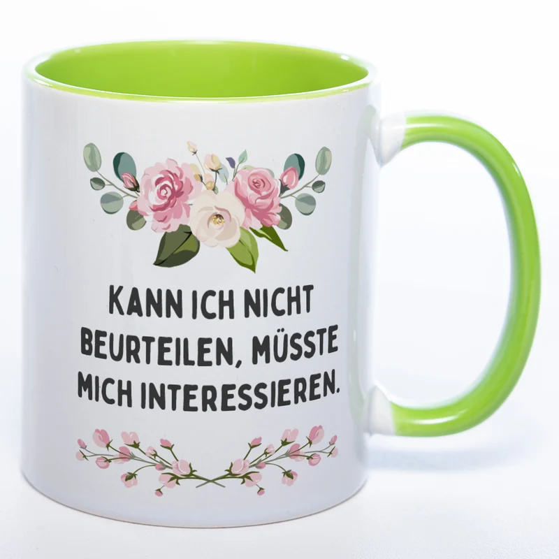 Blümchen-Tasse mit Spruch "Kann ich nicht beurteilen, müsste mich interessieren." - Lustige Kaffeetasse spülmaschinenfest