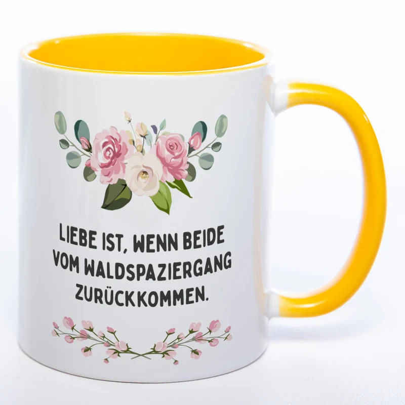 Blümchen-Tasse mit Spruch "Liebe ist, wenn beide vom Waldspaziergang zurückkommen." - Lustige Kaffeetasse spülmaschinenfest