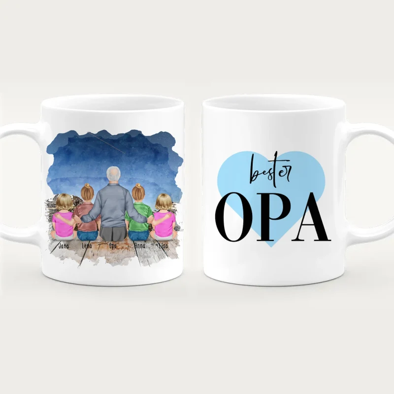 Personalisierte Tasse für Opa (2 Kinder + 2 Babys + 1 Opa)