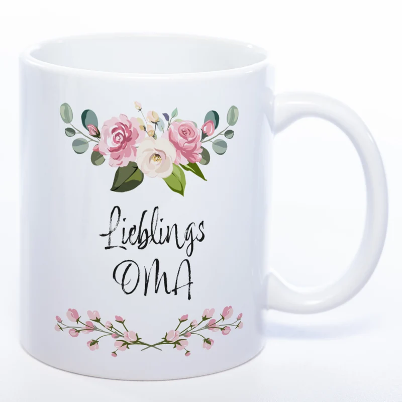 Blümchen-Tasse mit Spruch "Lieblings Oma." - Kaffeetasse für die allerliebste Oma - spülmaschinenfest