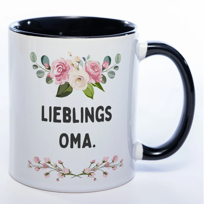 Blümchen-Tasse mit Spruch "Lieblings Oma." - Kaffeetasse für die allerliebste Oma - spülmaschinenfest