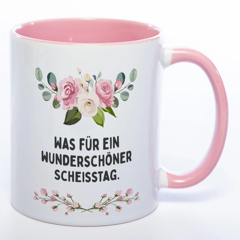 Blümchen-Tasse mit Spruch "Was für ein wunderschöner Scheisstag" - Lustige Kaffeetasse spülmaschinenfest