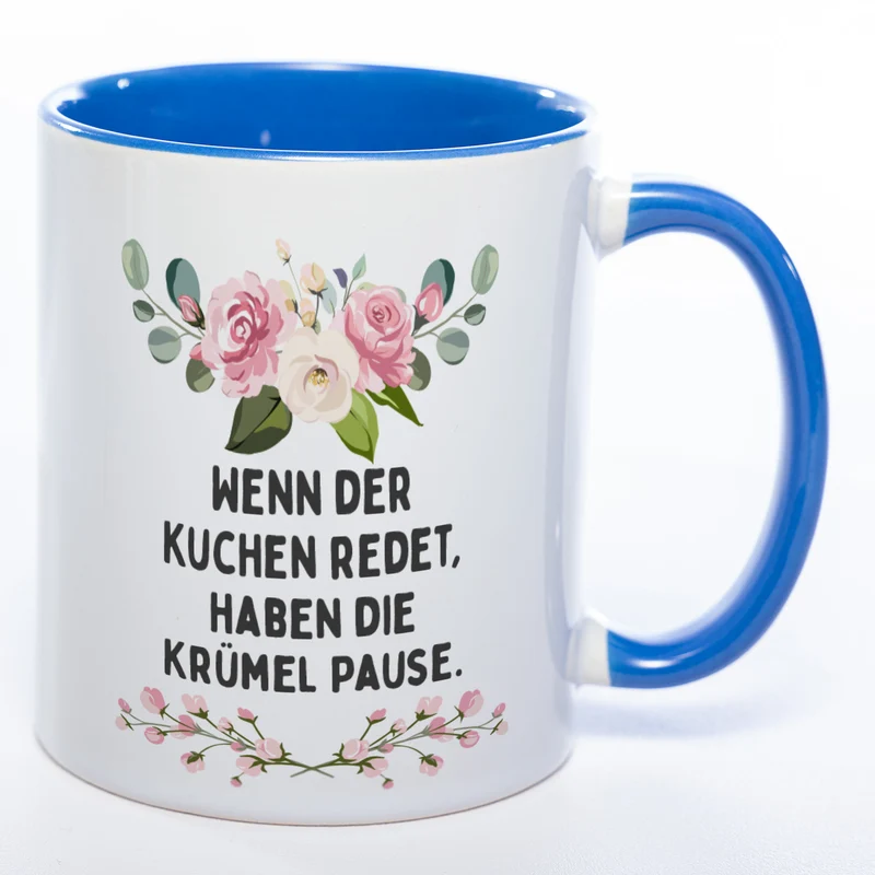 Blümchen-Tasse mit Spruch "Wenn der Kuchen redet, haben die Krümel Pause" - Lustige Kaffeetasse spülmaschinenfest