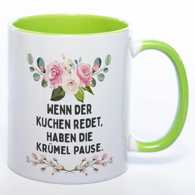 Blümchen-Tasse mit Spruch "Wenn der Kuchen redet, haben die Krümel Pause" - Lustige Kaffeetasse spülmaschinenfest