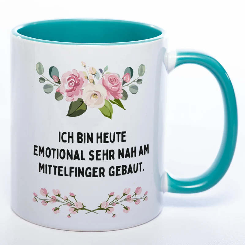 Blümchen-Tasse mit Spruch "Ich bin heute emotional sehr nah am Mittelfinger gebaut" - Lustige Kaffeetasse spülmaschinenfest