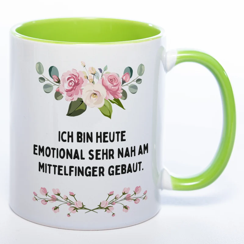 Blümchen-Tasse mit Spruch "Ich bin heute emotional sehr nah am Mittelfinger gebaut" - Lustige Kaffeetasse spülmaschinenfest