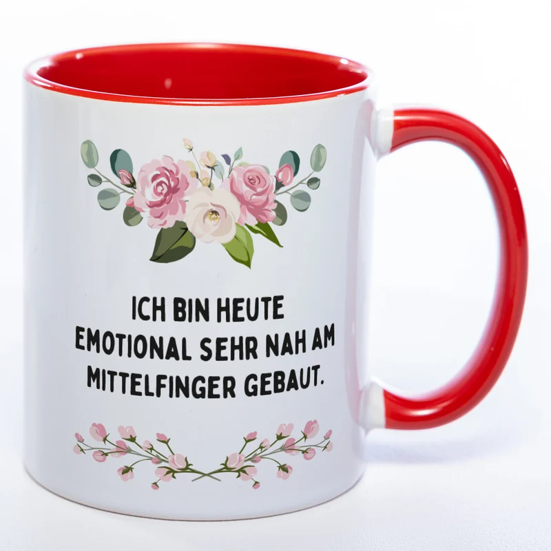 Blümchen-Tasse mit Spruch "Ich bin heute emotional sehr nah am Mittelfinger gebaut" - Lustige Kaffeetasse spülmaschinenfest