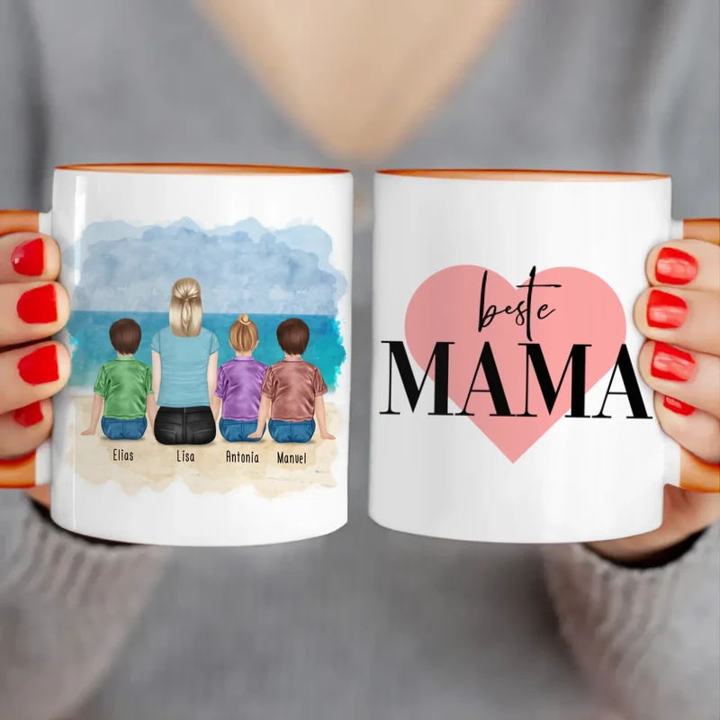 Personalisierte Tasse mit Mutter + 3 Kinder