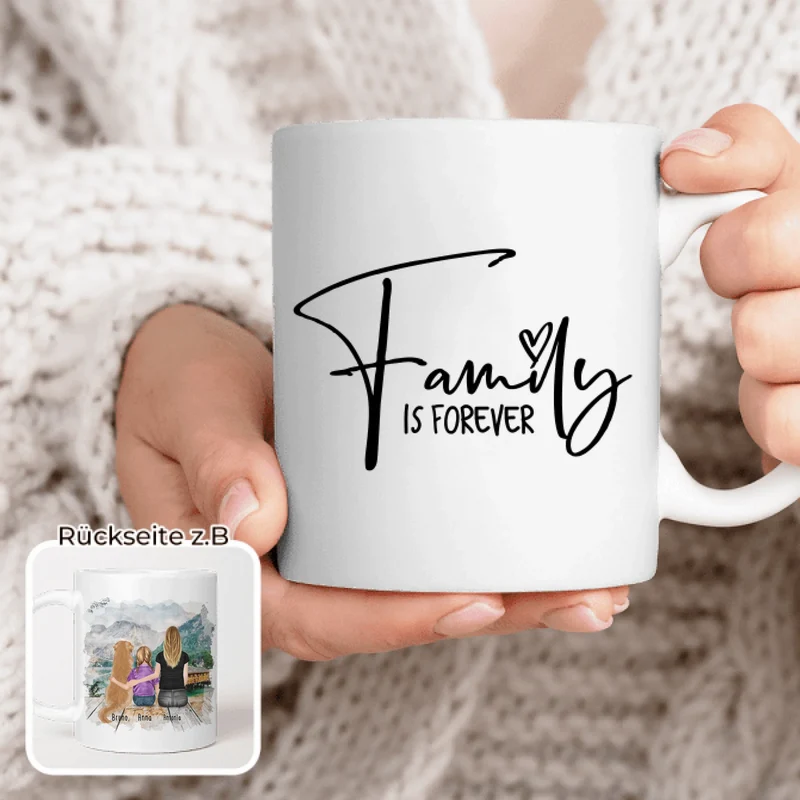 Personalisierte Tasse mit 1 Frau + 1 Kind + 1 Hund