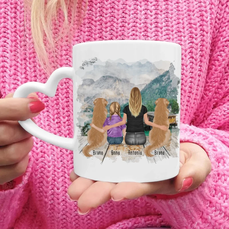 Personalisierte Tasse 1 Frau + 1 Kind + 2 Hunde