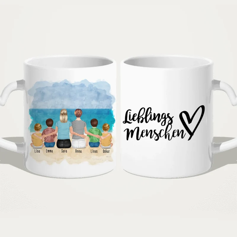 Personalisierte Tasse - 2 Frauen + 2 Kinder + 2 Babys