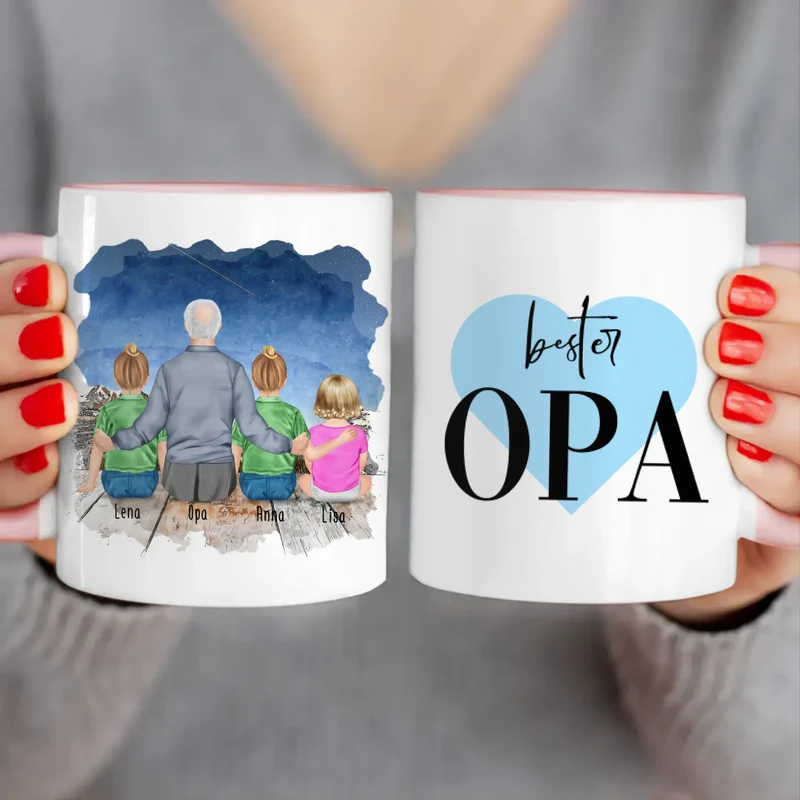 Personalisierte Tasse für Opa (2 Kinder + 1 Baby + 1 Opa)