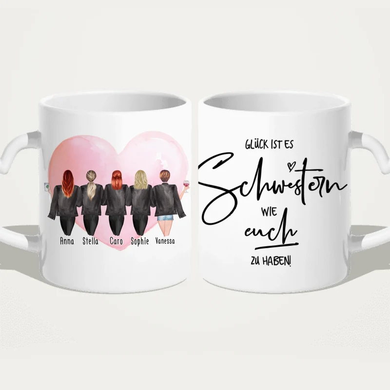Personalisierte Tasse - Beste Schwestern mit Jacken (5 Schwestern)