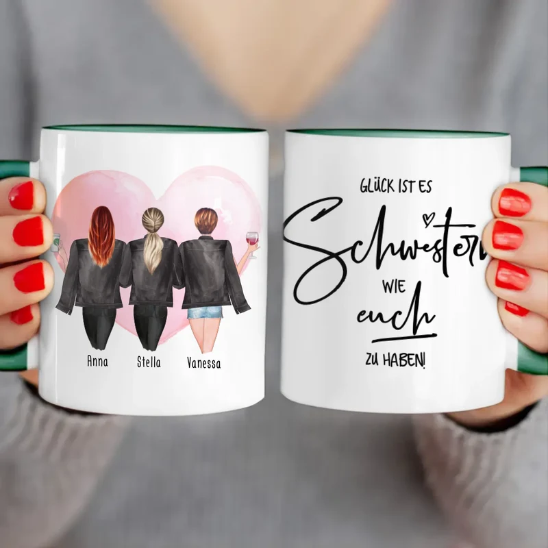 Personalisierte Tasse - Beste Schwestern mit Jacken (3 Schwestern)