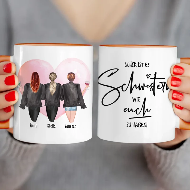 Personalisierte Tasse - Beste Schwestern mit Jacken (3 Schwestern)