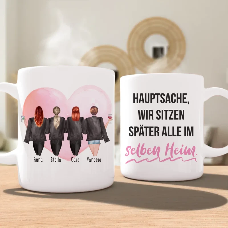 Personalisierte Tasse - Beste Freundinnen mit Jacken (4 Freundinnen)