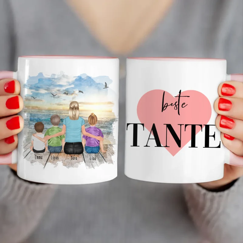 Personalisierte Tasse mit Tante (1 Baby + 2 Kinder + 1 Tante)