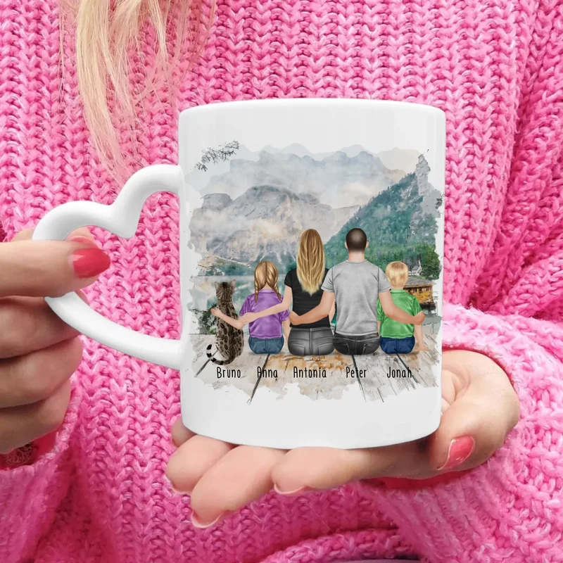 Personalisierte Tasse mit Familie + 1 Katze (2 Kinder)