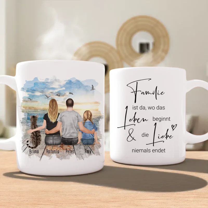 Personalisierte Tasse mit Familie + 1 Katze (1 Kind)