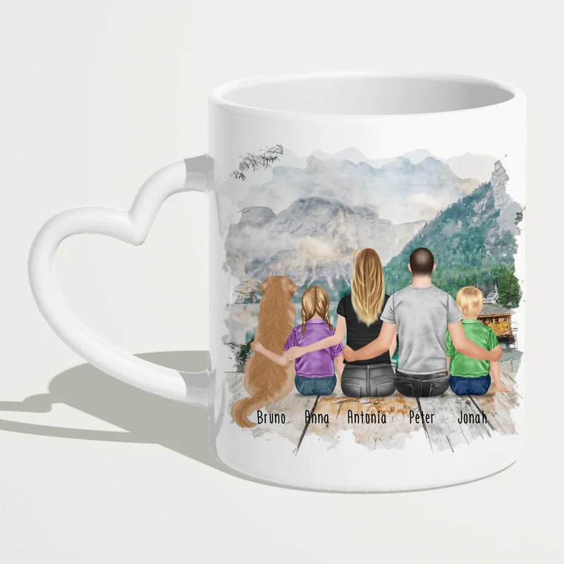 Personalisierte Tasse mit Familie + 1 Hund (2 Kinder)