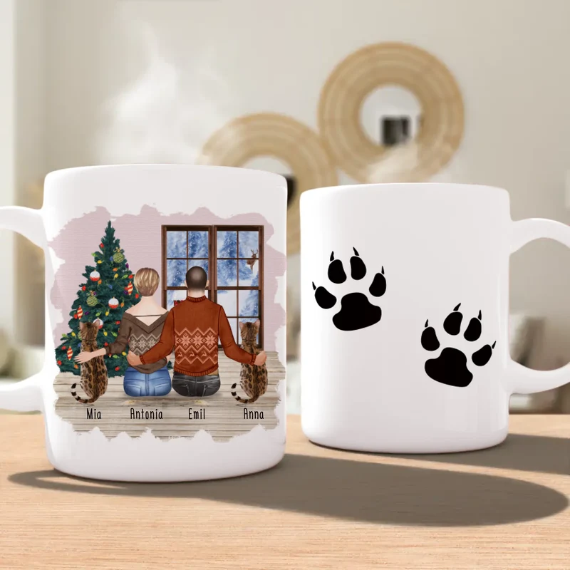 Personalisierte Tasse mit Pärchen und 2 Katzen - Weihnachtstasse