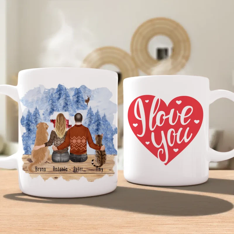Personalisierte Tasse mit Pärchen und 1 Hund und 1 Katze - Weihnachtstasse