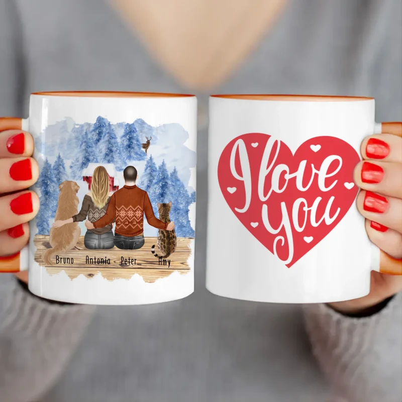 Personalisierte Tasse mit Pärchen und 1 Hund und 1 Katze - Weihnachtstasse