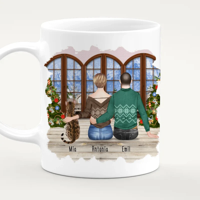 Personalisierte Tasse mit Pärchen und 1 Katze - Weihnachtstasse