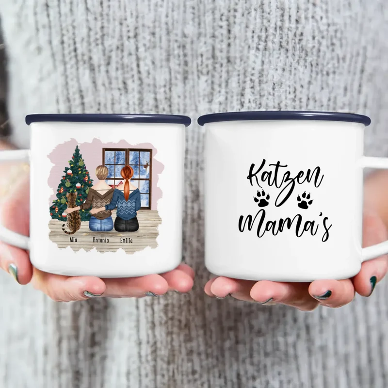 Personalisierte Tasse mit Katze und Frauen (1 Katze + 2 Frauen) - Weihnachtstasse
