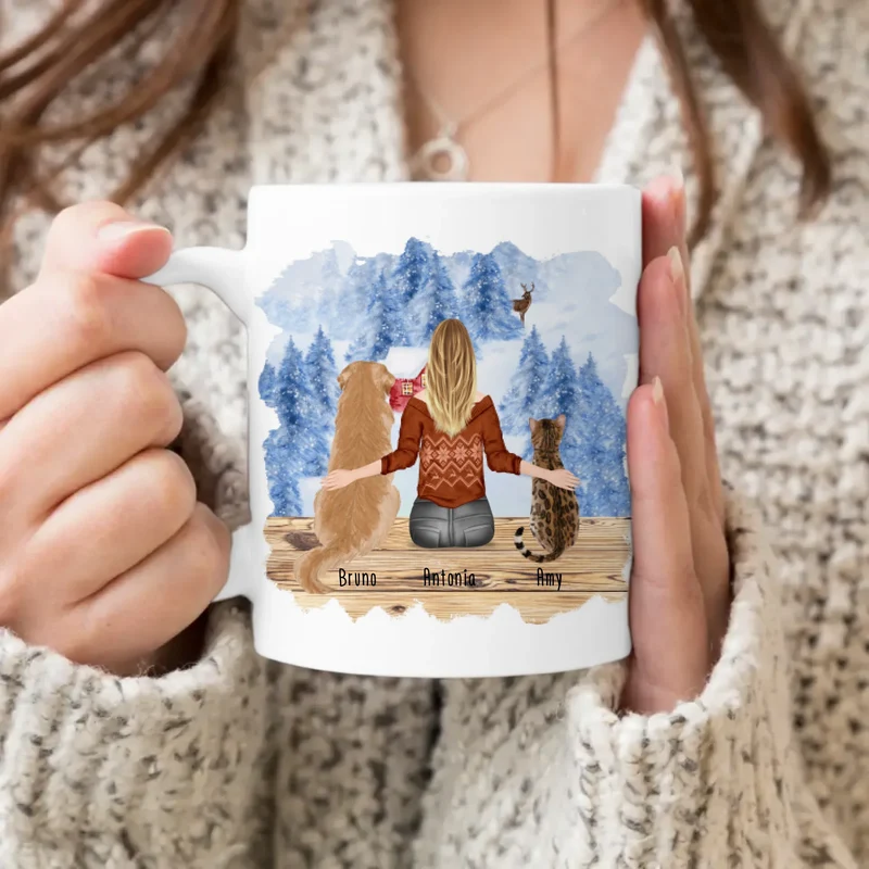 Personalisierte Tasse mit Hund/Katze/Frau (1 Hunde + 1 Katze + 1 Frau) - Weihnachtstasse