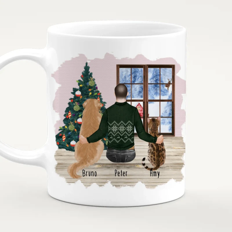 Personalisierte Tasse mit Hund, Katze und Mann (1 Hund + 1 Katze + 1 Mann) - Weihnachtstasse