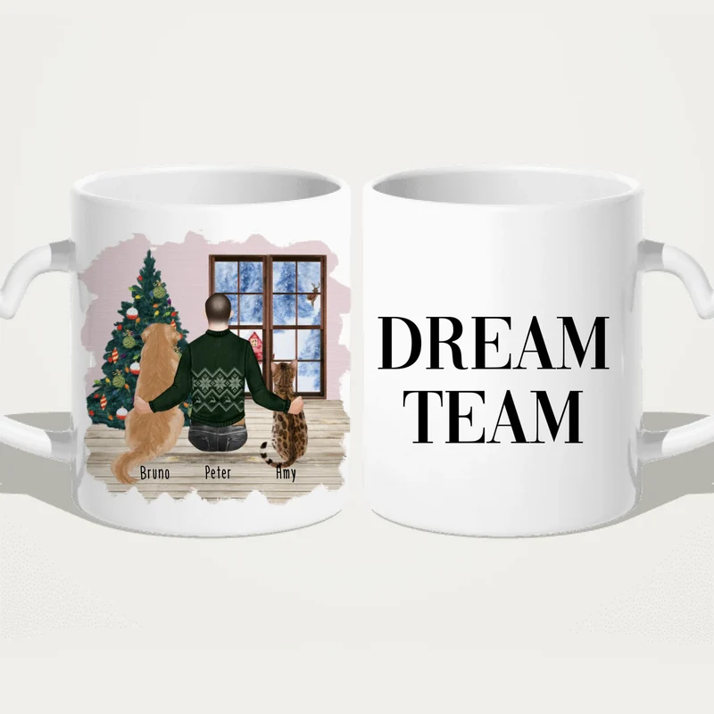 Personalisierte Tasse mit Hund, Katze und Mann (1 Hund + 1 Katze + 1 Mann) - Weihnachtstasse