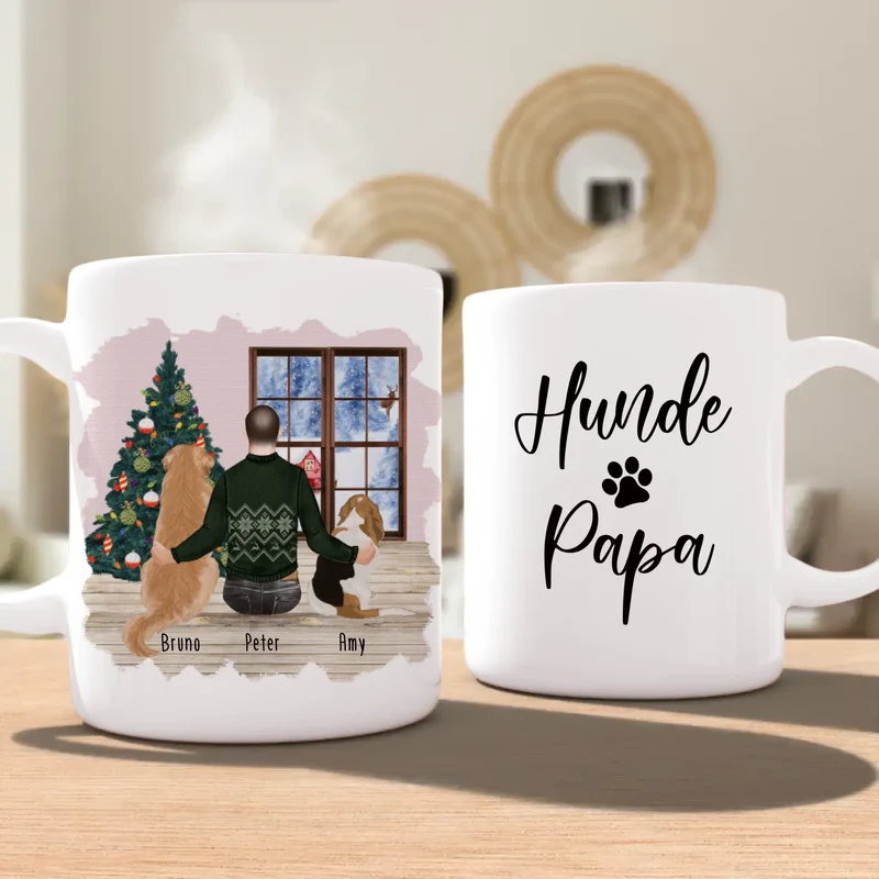 Personalisierte Tasse mit Hund und Mann (2 Hunde + 1 Mann) - Weihnachtstasse