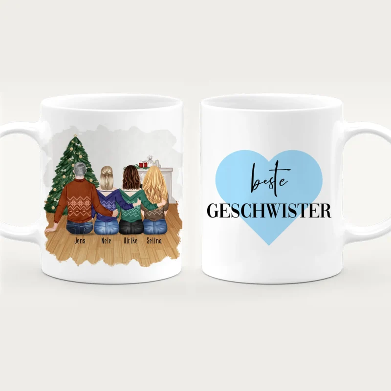 Personalisierte Tasse mit Bruder/Schwester (3 Schwestern + 1 Bruder) - Weihnachtstasse