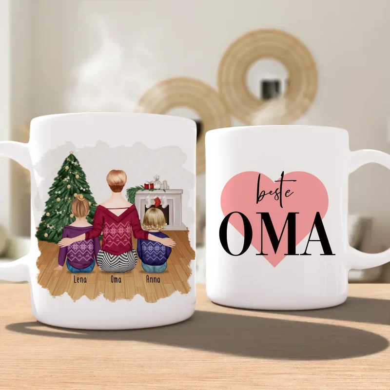 Personalisierte Tasse für Oma (1 Baby + 1 Kind + 1 Oma) - Weihnachtstasse