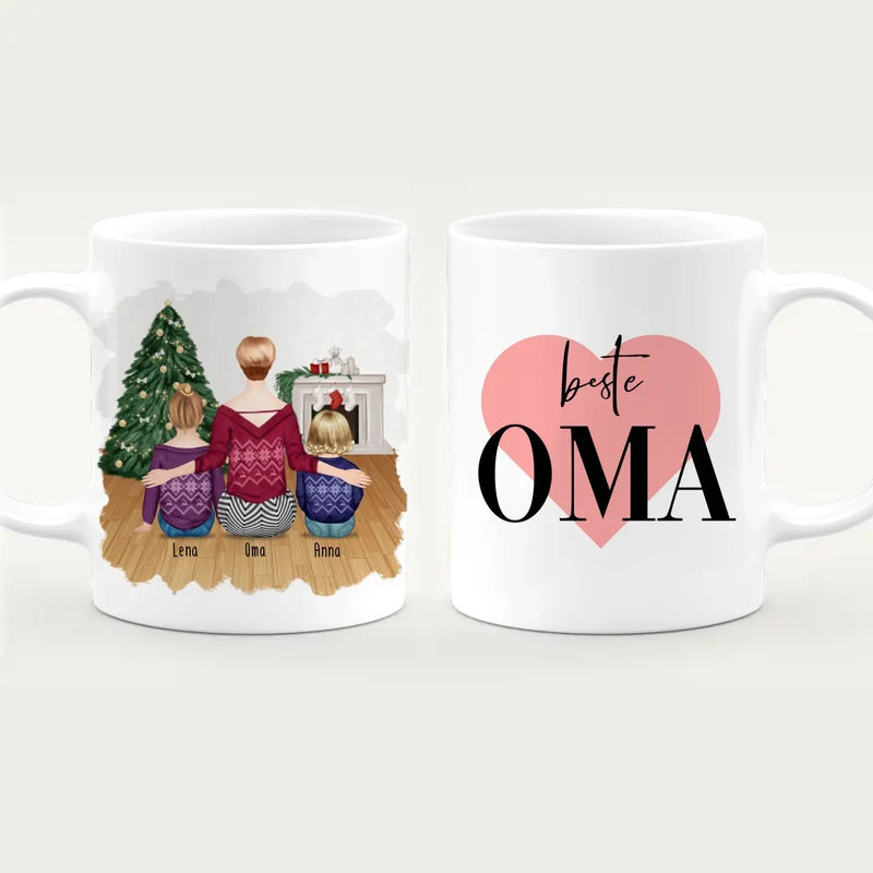 Personalisierte Tasse für Oma (1 Baby + 1 Kind + 1 Oma) - Weihnachtstasse