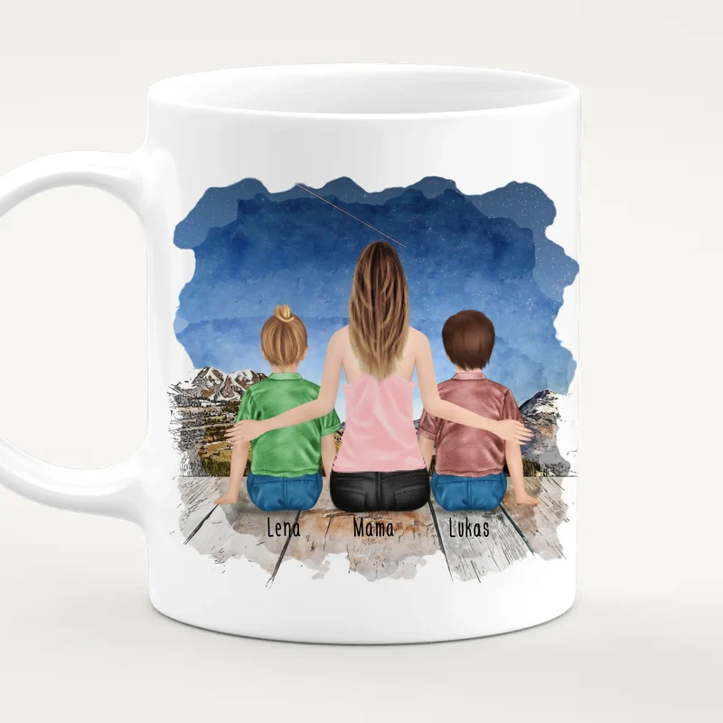 Personalisierte Tasse mit Mutter und Kindern (2 Kinder + 1 Mutter)