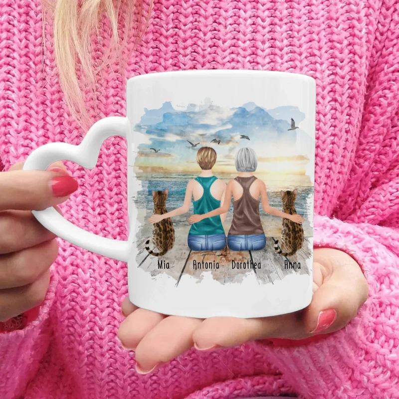 Personalisierte Tasse mit Katzen und Frauen (2 Katzen + 2 Frauen)