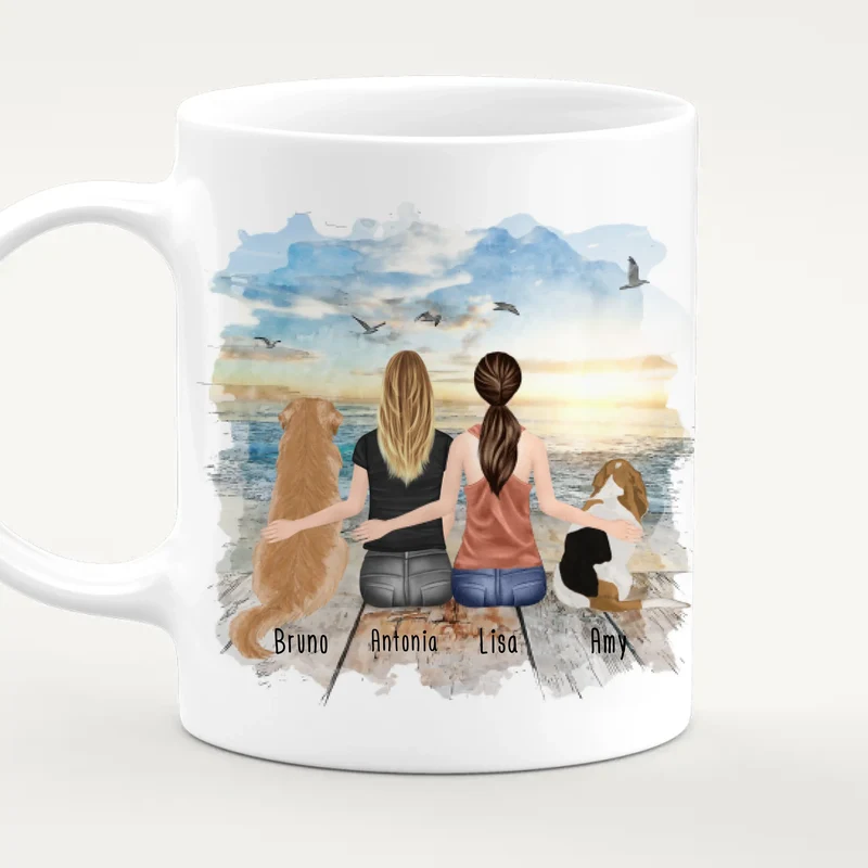 Personalisierte Tasse mit Hunden und Frauen (2 Hunde + 2 Frauen)