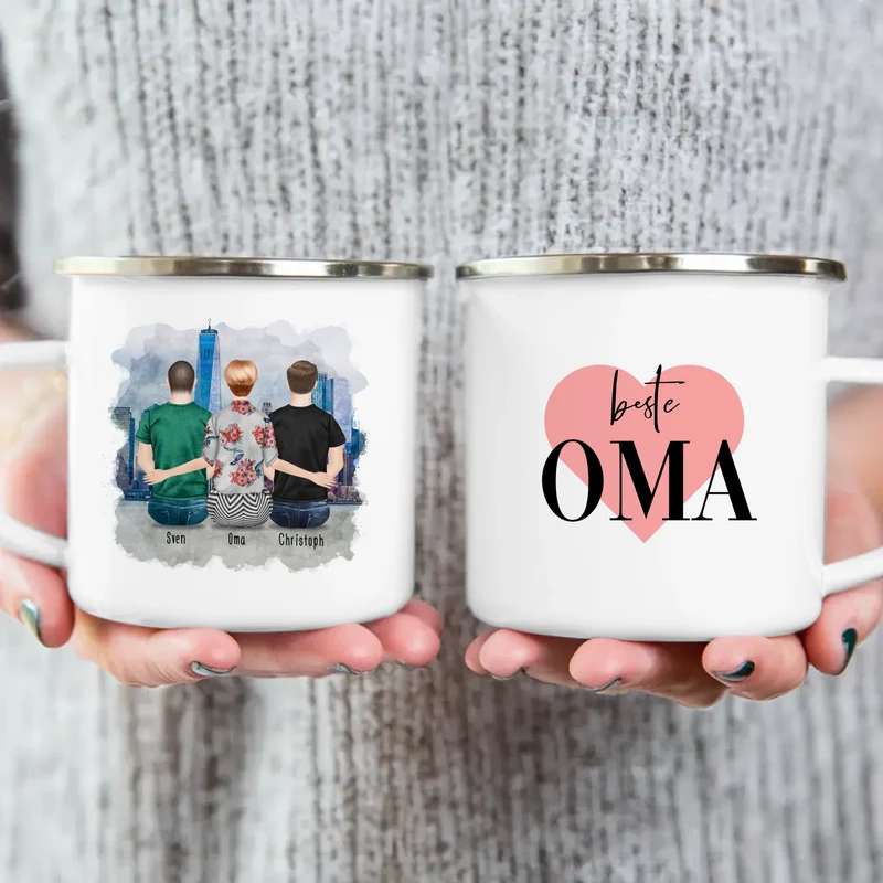 Personalisierte Tasse für Oma (2 Männer + 1 Oma)