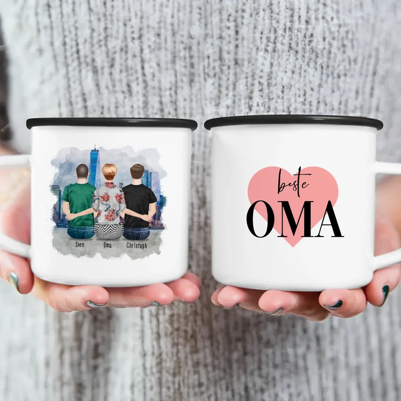 Personalisierte Tasse für Oma (2 Männer + 1 Oma)