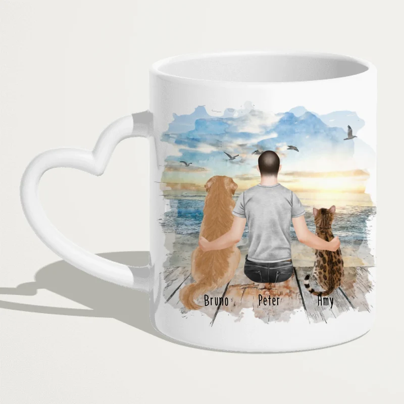 Personalisierte Tasse mit Hund, Katze und Mann (1 Hund + 1 Katze + 1 Mann)