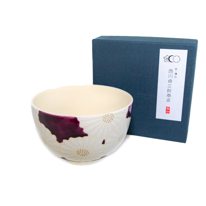 Kiyomizu-yaki Matcha Bowl – White Chrysanthemum on Purple