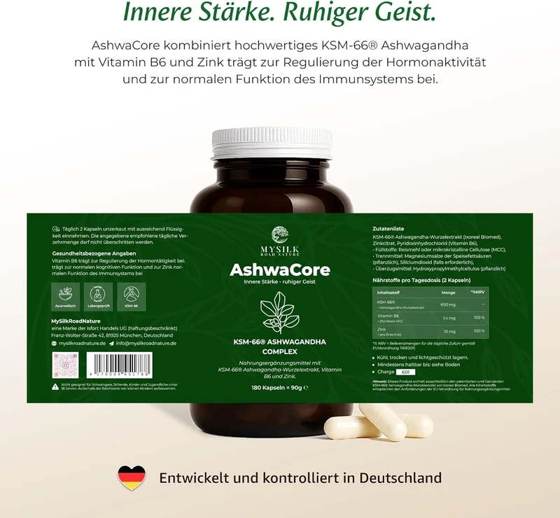 Ashwagandha Kapseln KSM-66 600 mg – mit Zink & Vitamin B6, 180 Stück | AshwaCore