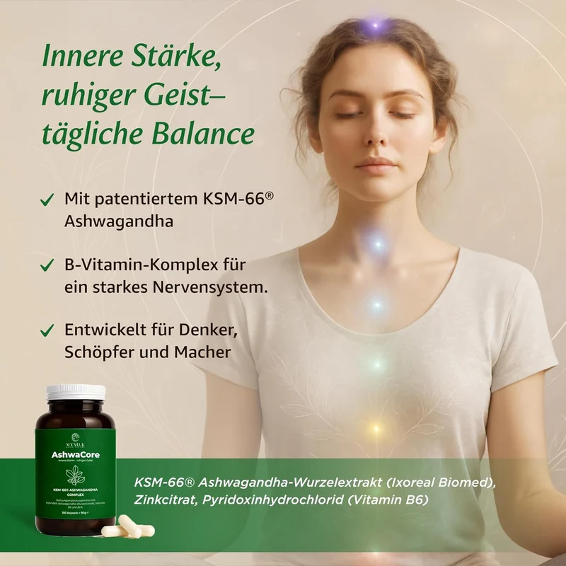 Ashwagandha Kapseln KSM-66 600 mg – mit Zink & Vitamin B6, 180 Stück | AshwaCore
