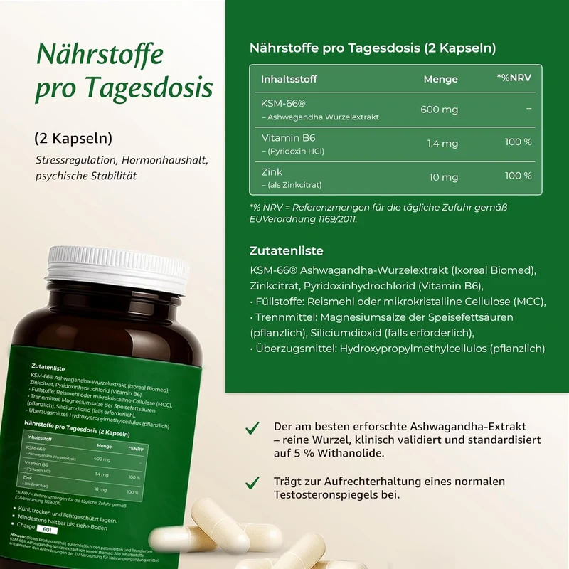 Ashwagandha Kapseln KSM-66 600 mg – mit Zink & Vitamin B6, 180 Stück | AshwaCore