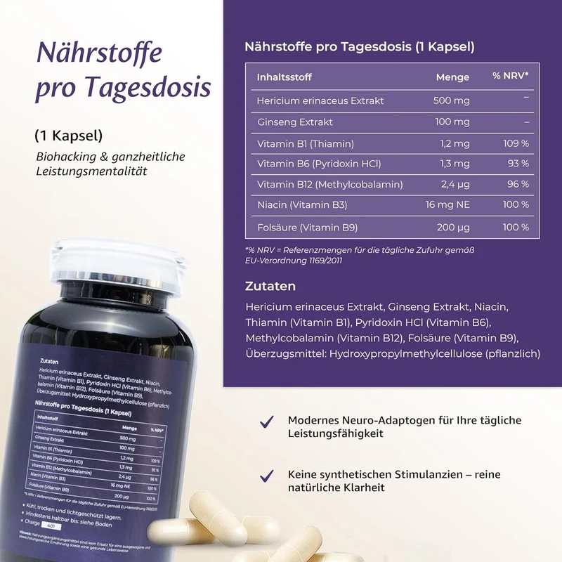 Lion's Mane Kapseln – Fruchtkörper-Extrakt mit Ginseng & B-Vitaminen, 180 Stück | LionsCore
