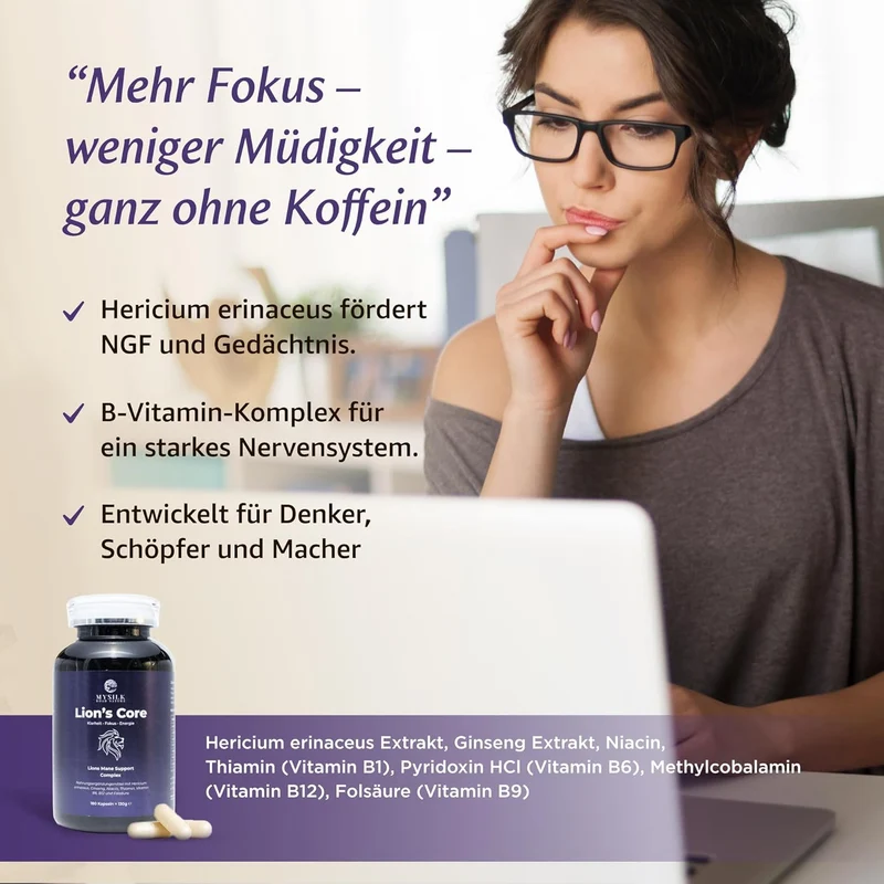 Lion's Mane Kapseln – Fruchtkörper-Extrakt mit Ginseng & B-Vitaminen, 180 Stück | LionsCore