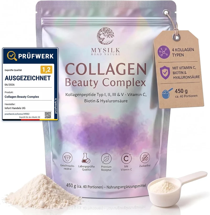 Kollagenpulver Typ I–V 450 g – mit Vitamin C, Biotin & Hyaluronsäure, geschmacksneutral
